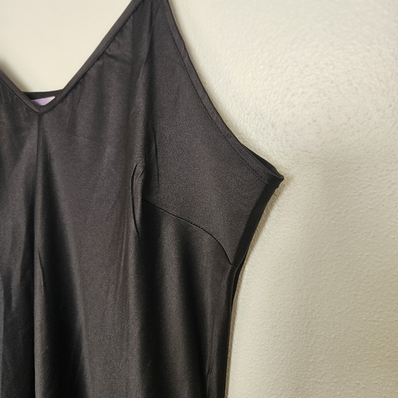 Cheibear Long Black Satin Gown Fringe Hem - Picture 2 of 7